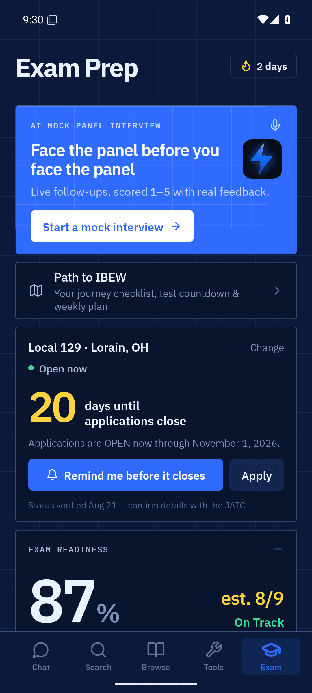 Sparky AI exam prep dashboard