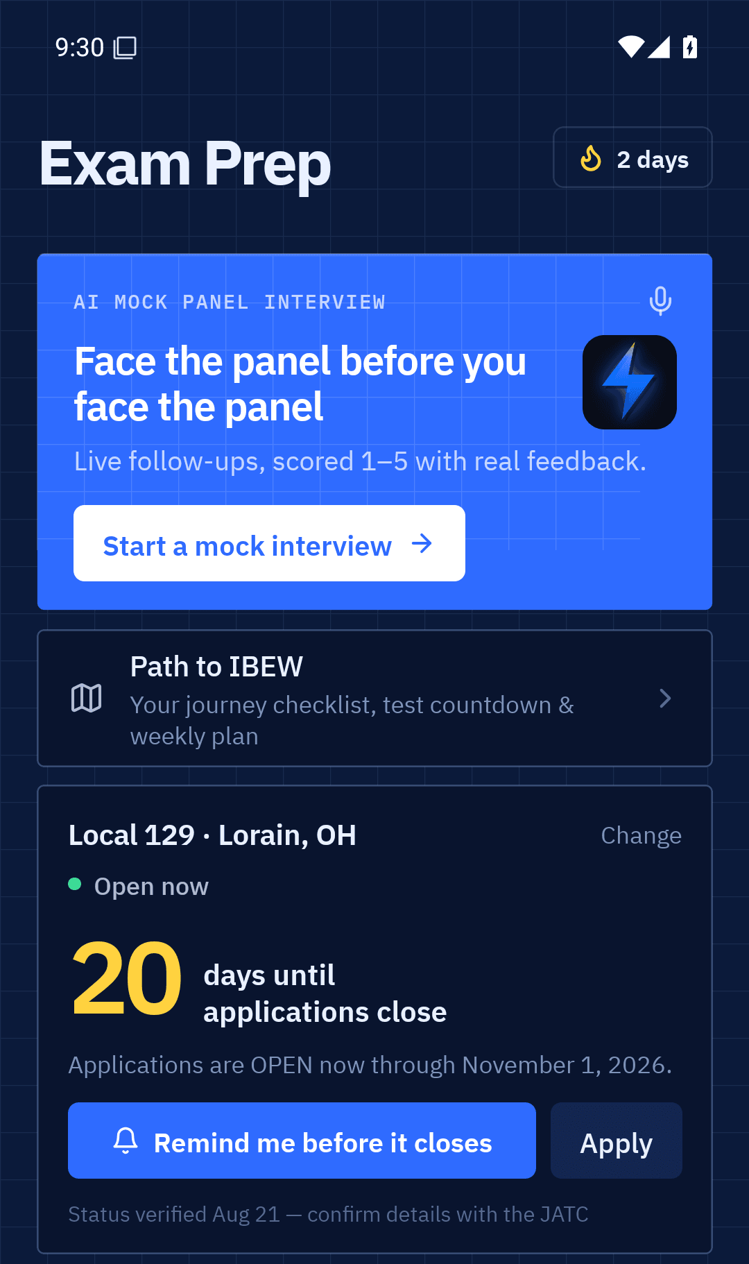 Sparky AI app — IBEW exam prep screen with the AI mock interview and your local's application window